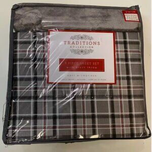 Tradition Collection Three Piece Sheet Set With Plush Throw, Queen, Charcoal